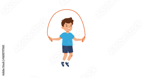 Cheerful child jumping rope with joy in casual sportswear