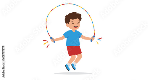 Happy child jumping rope in colorful cartoon style with joyful expression