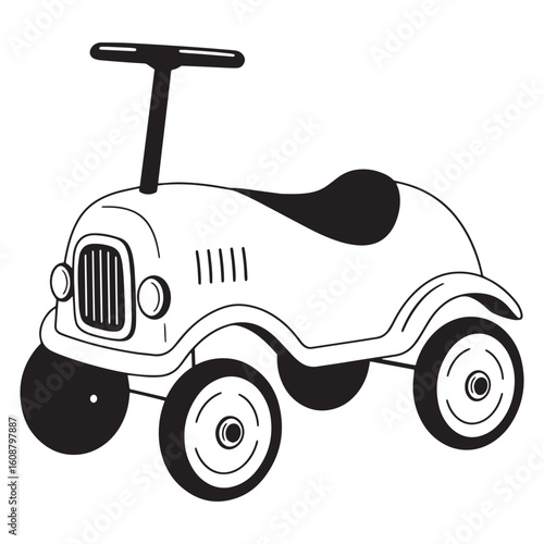 Vintage style black and white illustration of a classic ride on toy car for children
