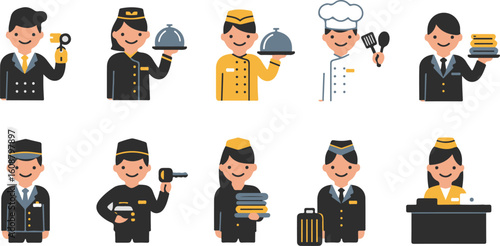 Hotel Staff Icons: Flat Design, Cheerful Mood, Diverse Team, Professional Service,  Concierge, Bellhop, Chef, Waiter, Receptionist.