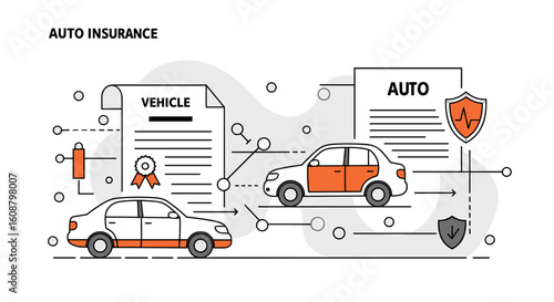 Modern linear car insurance concept with policy documents and red vehicles