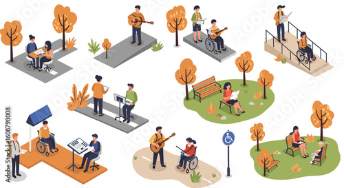 Inclusive park activities: music, reading, and interaction in an isometric style