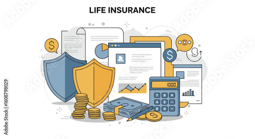Life insurance concept with financial documents, calculator, and shields in flat design