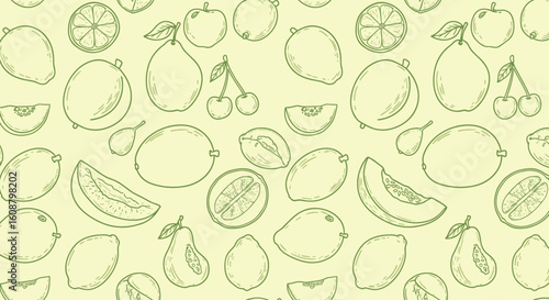 Hand drawn fruit pattern with lemons, cherries, and melons on pale green background