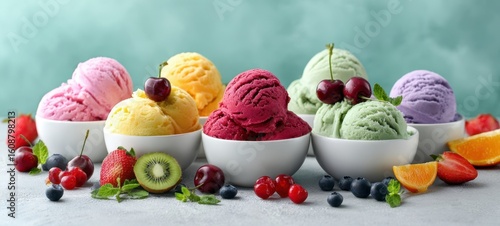 Fototapeta Naklejka Na Ścianę i Meble -  The colorful assortment of ice cream scoops with fresh fruits and mint leaves.