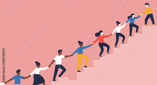 Teamwork and unity: diverse individuals helping each other climb stairs