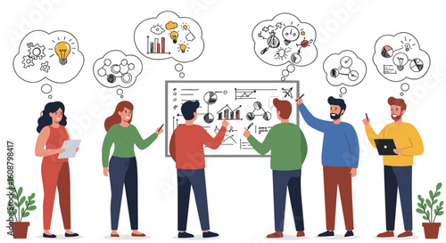 Collaborative brainstorming session with team discussing creative ideas and analytics