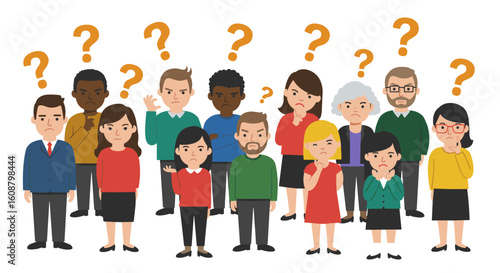Group of diverse people contemplating with question marks