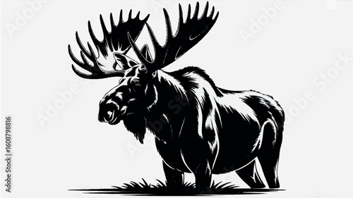 Black and white silhouette illustration of a moose standing in profile facing left