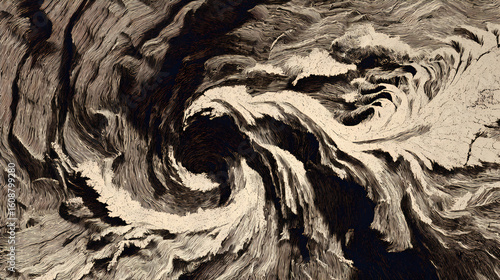 soot-fused root veining offset along spiral distortion field, compositional disjunction and grain drift. Illustration
