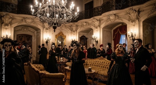 Wallpaper Mural A Halloween party in an elegant room. Guests wear black costumes and skull makeup. A chandelier hangs above a vintage sofa. The atmosphere is festive and spooky. Torontodigital.ca