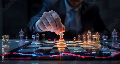 A businessman strategically moves a chess piece, illuminated on a futuristic chessboard displaying data streams.