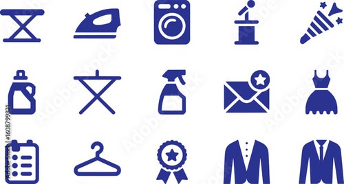 Blue icons depicting household and celebratory items vector silhouette