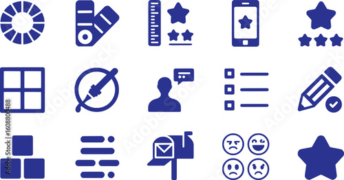 Blue icons representing feedback and design elements vector silhouette