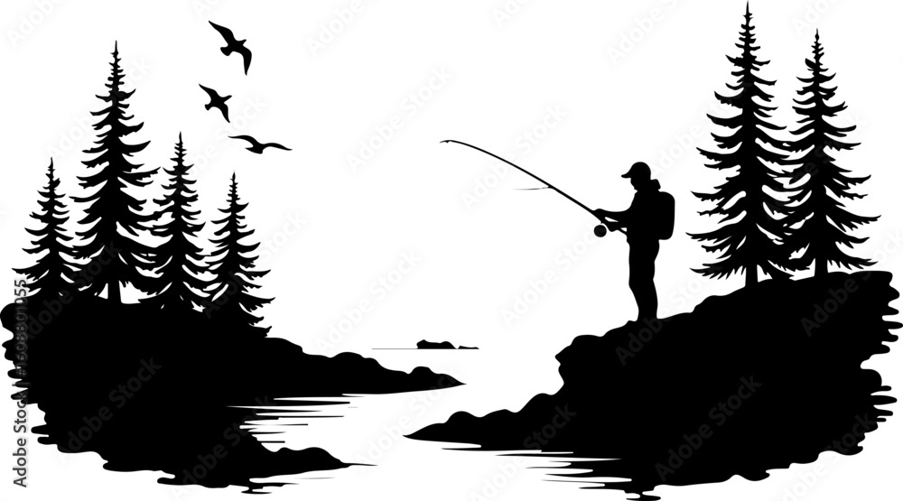 Naklejka premium Fishing in Canoe Silhouette – Father and Child Lake Scene Vector