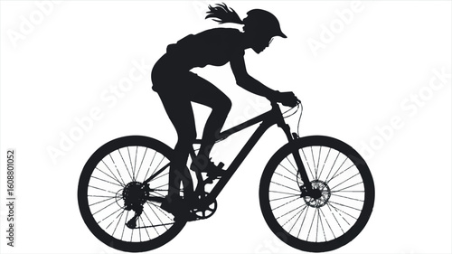 Dynamic black silhouette of a mountain biker in action against a clean white backdrop