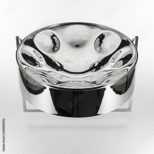 A gleaming steelpan drum rests on a simple stand, ready to be played.