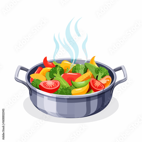 Sizzling vegetable medley in a stainless steel pan in a professional kitchen