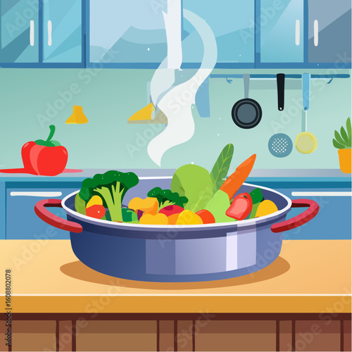 Sizzling vegetable medley in a stainless steel pan in a professional kitchen