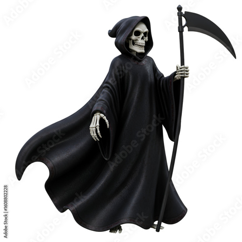 Black grim reaper with scythe and cloak standing tall