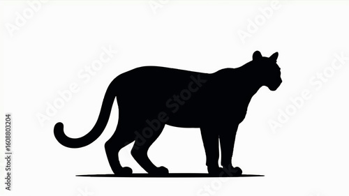 Striking black silhouette of a standing mountain lion on a clean white background