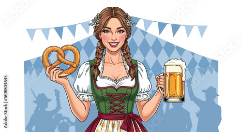 Oktoberfest Vector Illustration Girl with Pretzel and Beer Mug Design in Traditional Bavarian Dress with Cheerful Background