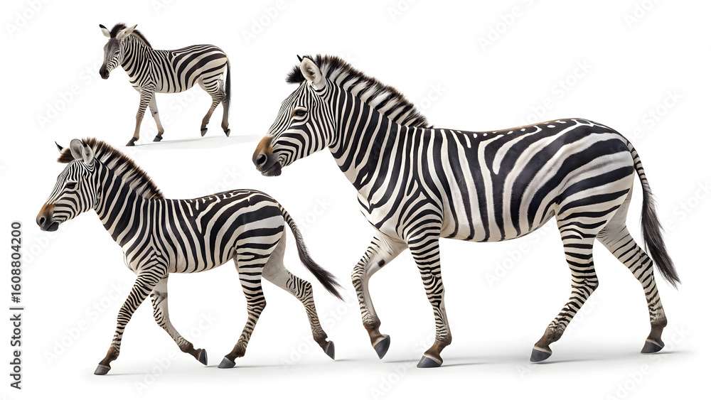 Fototapeta premium Zebras walking isolated on white background wildlife photography zebra animal africa safari nature 3d render 4k