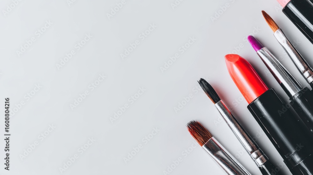 Fototapeta premium Makeup application and beauty exploration studio setting visual content flat lay view artistic expression