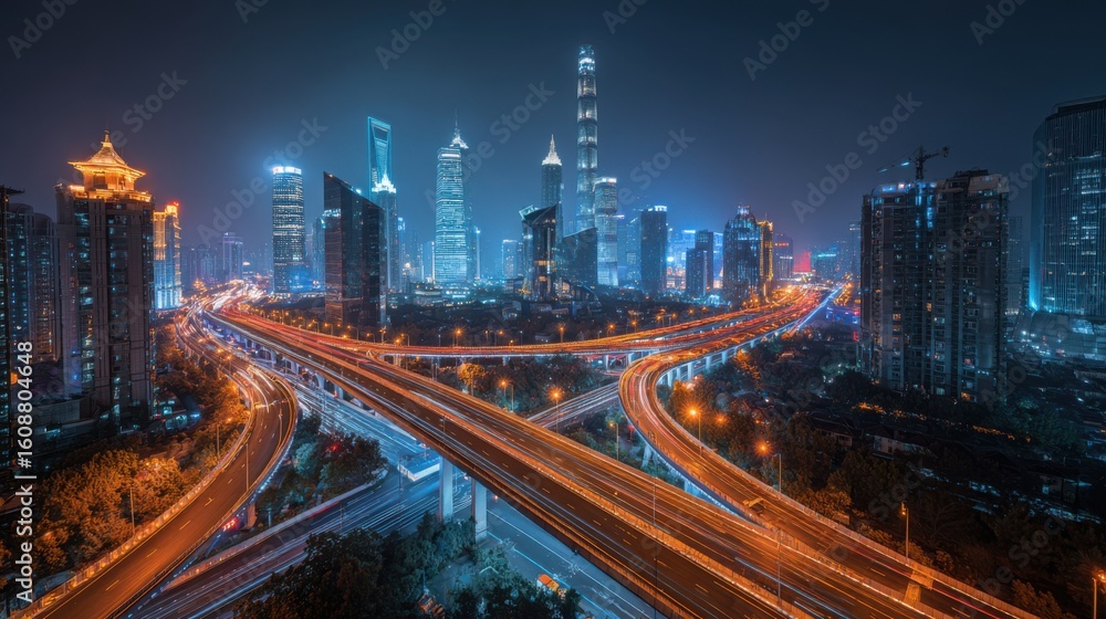 Fototapeta premium Dynamic cityscape night view shanghai urban photography skyline aerial perspective modern architecture and infrastructure