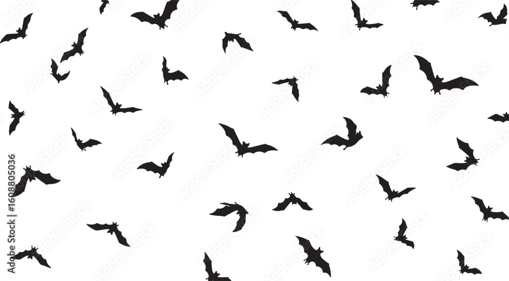 Fototapeta premium Black bats flying against white background silhouette, bats, flying, black, white, silhouette, pattern, halloween, night, spooky, creature, animal, wings, dark, graphic, illustration, design, backgrou