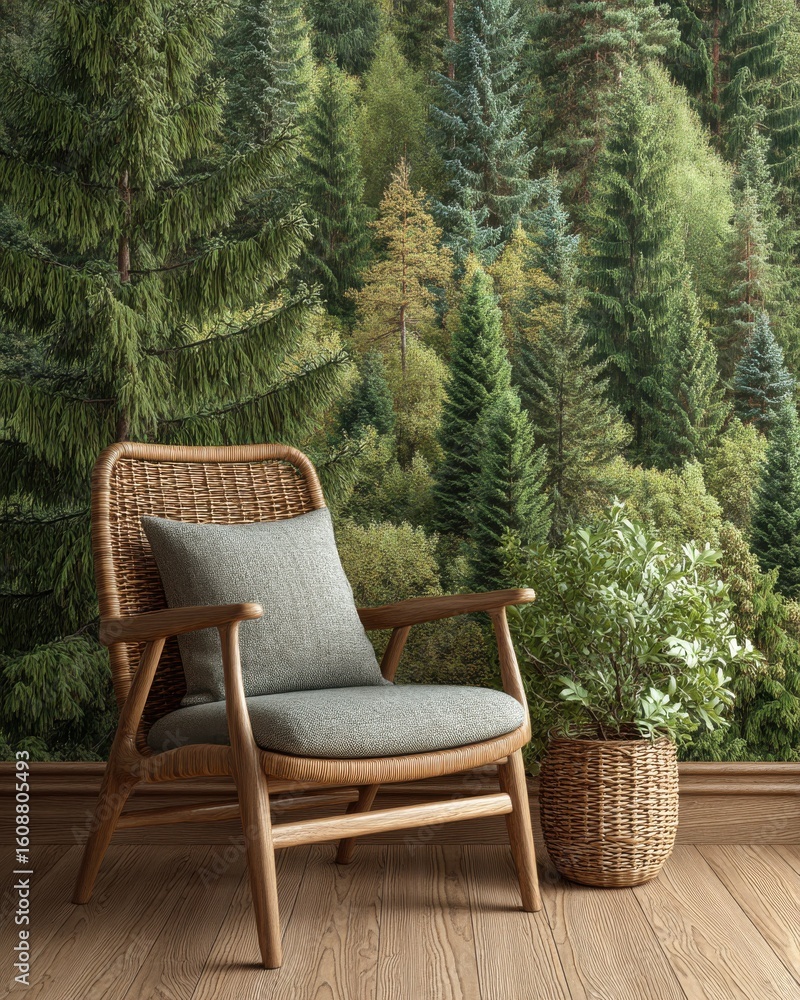 Rattan Chair in Room with Lush Green Forest Wallpaper Rattan Chair in Room with Lush Green Forest Wallpaper