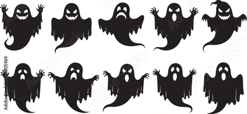 Black ghost silhouettes with varied expressions halloween, ghost, halloween, spooky, scary, silhouette, black, white, illustration, cartoon, creepy, monster, spirit, apparition, phantom, haunting, sup