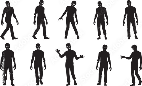 Black zombie silhouettes walking and reaching white, zombie, silhouette, black, white, walking, reaching, horror, undead, creepy, monster, halloween, figures, characters, poses, group, collection, gra