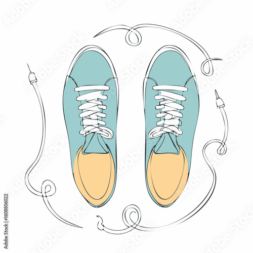 Single one line drawing a pair of sneakers. Trendy canvas shoes in vibrant colors
