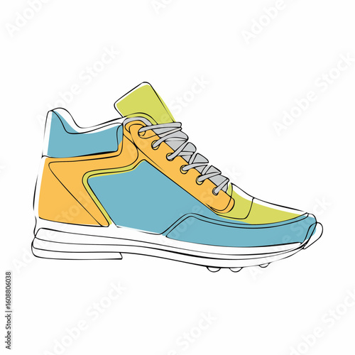 Single one line drawing a pair of sneakers. Trendy canvas shoes in vibrant colors