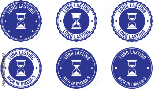 Blue circular seals with hourglass white stamp, blue, white, circular, seal, stamp, badge, hourglass, sand timer, time, lasting, omega, rich, graphic, design, icon, symbol, label, emblem, vintage, ret