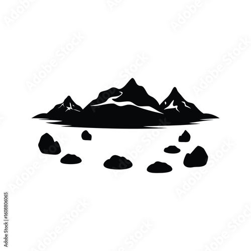 Minimalist Black and White Landscape Featuring Majestic Mountains and Scattered Rocks