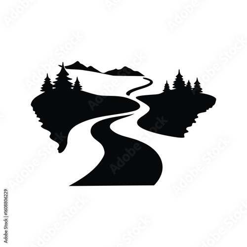 Minimalist mountain landscape featuring a winding road and evergreen trees in silhouette