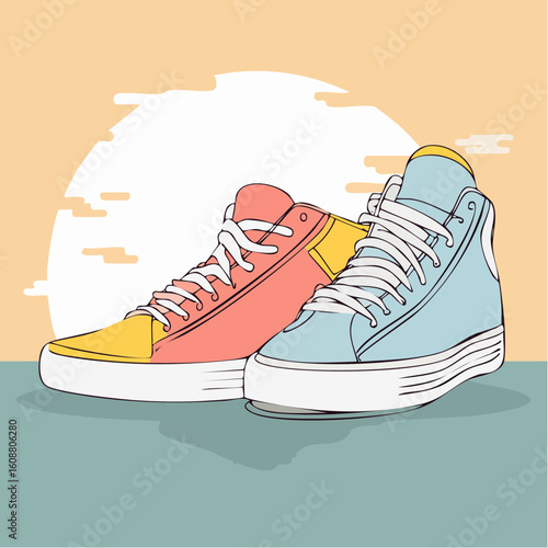 Single one line drawing a pair of sneakers. Trendy canvas shoes in vibrant colors