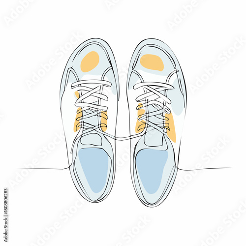 Single one line drawing a pair of sneakers. Trendy canvas shoes in vibrant colors