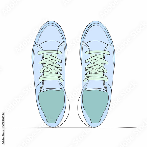 Single one line drawing a pair of sneakers. Trendy canvas shoes in vibrant colors