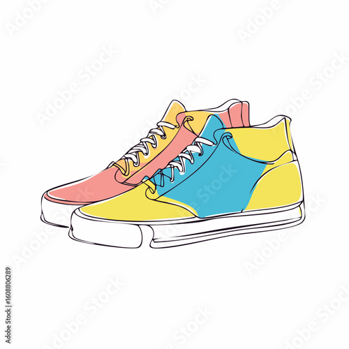 Single one line drawing a pair of sneakers. Trendy canvas shoes in vibrant colors