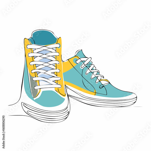 Single one line drawing a pair of sneakers. Trendy canvas shoes in vibrant colors