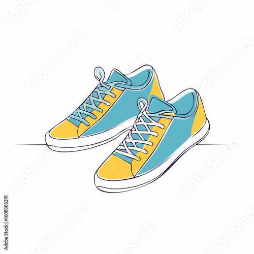 Single one line drawing a pair of sneakers. Trendy canvas shoes in vibrant colors