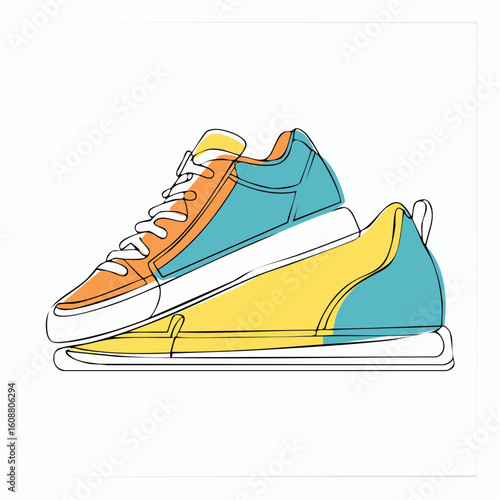 Single one line drawing a pair of sneakers. Trendy canvas shoes in vibrant colors