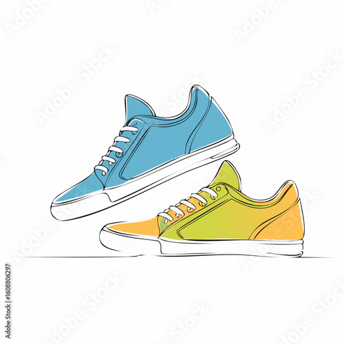 Single one line drawing a pair of sneakers. Trendy canvas shoes in vibrant colors