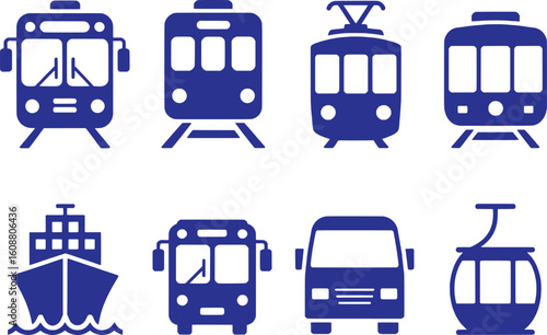 Blue transportation vehicles and vessels icons tram train