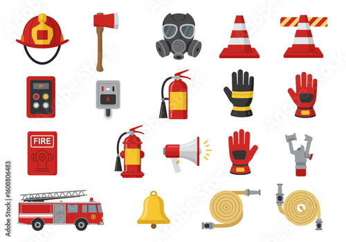 A collection of firefighting equipment icons including a helmet, axe, gas mask, cones, extinguisher, gloves, fire alarm, hydrant, megaphone, truck, bell, and hose.
