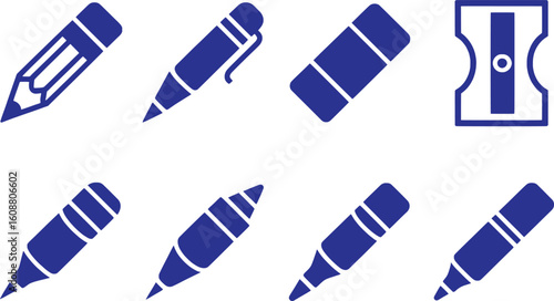 Blue writing instruments and sharpener icons pencil eraser