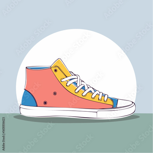 Single one line drawing a pair of sneakers. Trendy canvas shoes in vibrant colors